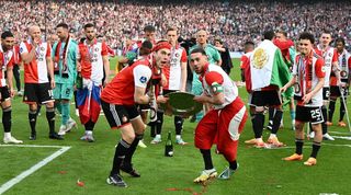 Feyenoord players celebrate in May 2023 after winning their first Dutch title since 2017.
