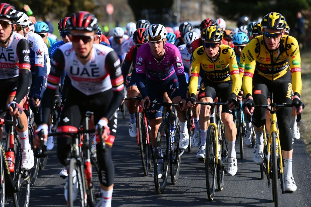 CARPEGNA ITALY MARCH 12 LR Remco Evenepoel of Belgium and Team QuickStep Alpha Vinyl Purple Sprint Jersey and Jonas Vingegaard Rasmussen of Denmark and Team Jumbo Visma compete during the 57th TirrenoAdriatico 2022 Stage 6 a 215km stage from Apecchio to Carpegna 746m TirrenoAdriatico WorldTour on March 12 2022 in Carpegna Italy Photo by Tim de WaeleGetty Images