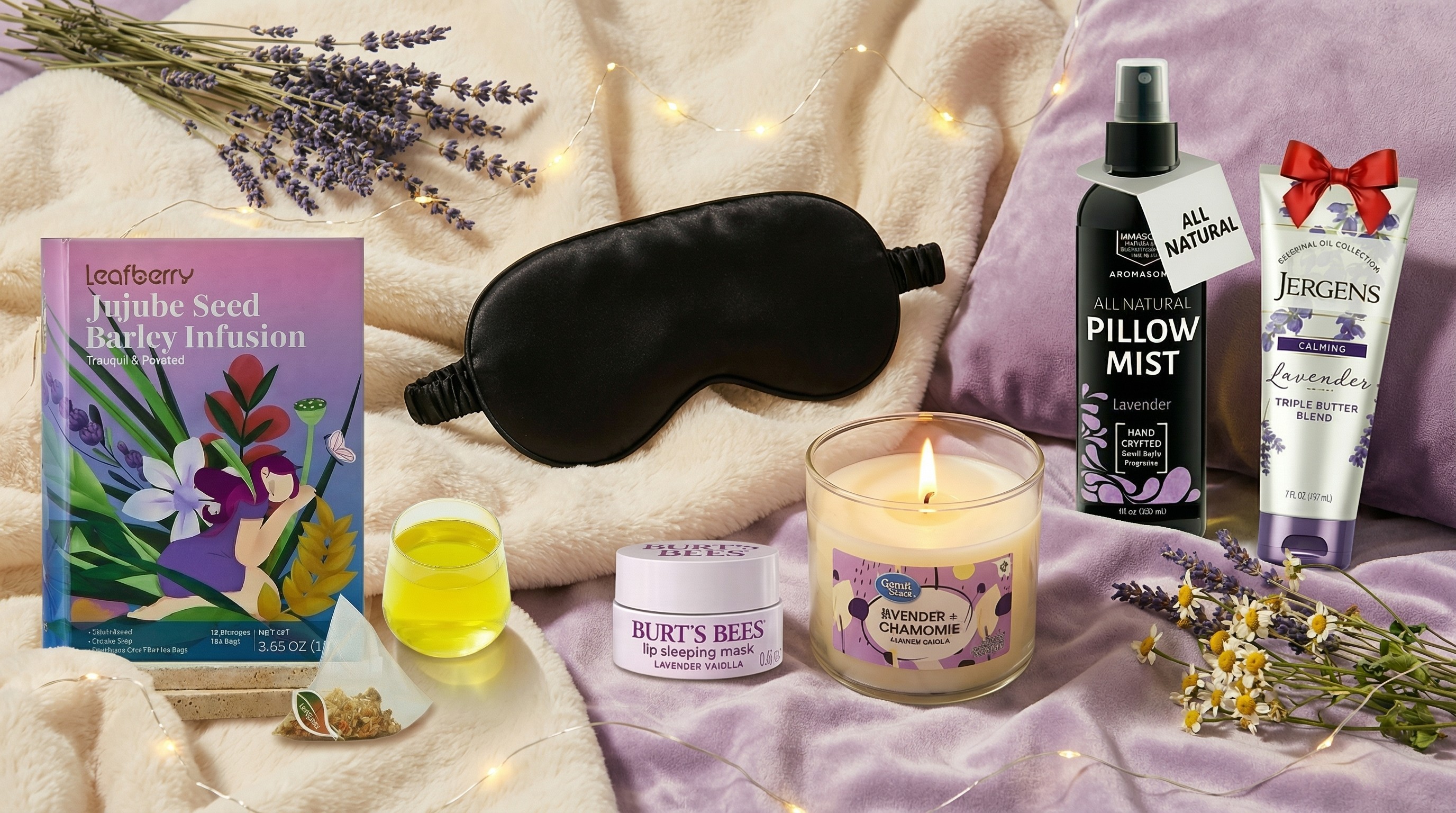 A collage of sleep gifts under $20 on a white blanket and lilac satin sheet.