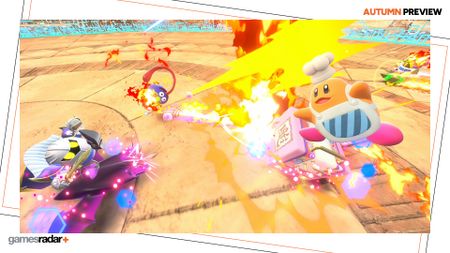 Racers ride over a stone paved corner in Kirby Air Riders, while Chef Kawasaki blasts Gooey and Meta-Knight drifts to the side, with the GamesRadar+ Autumn Preview frame