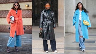 influencers showing how to style wide leg jeans with a coat
