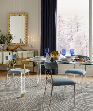 patterned silver rug in dining room