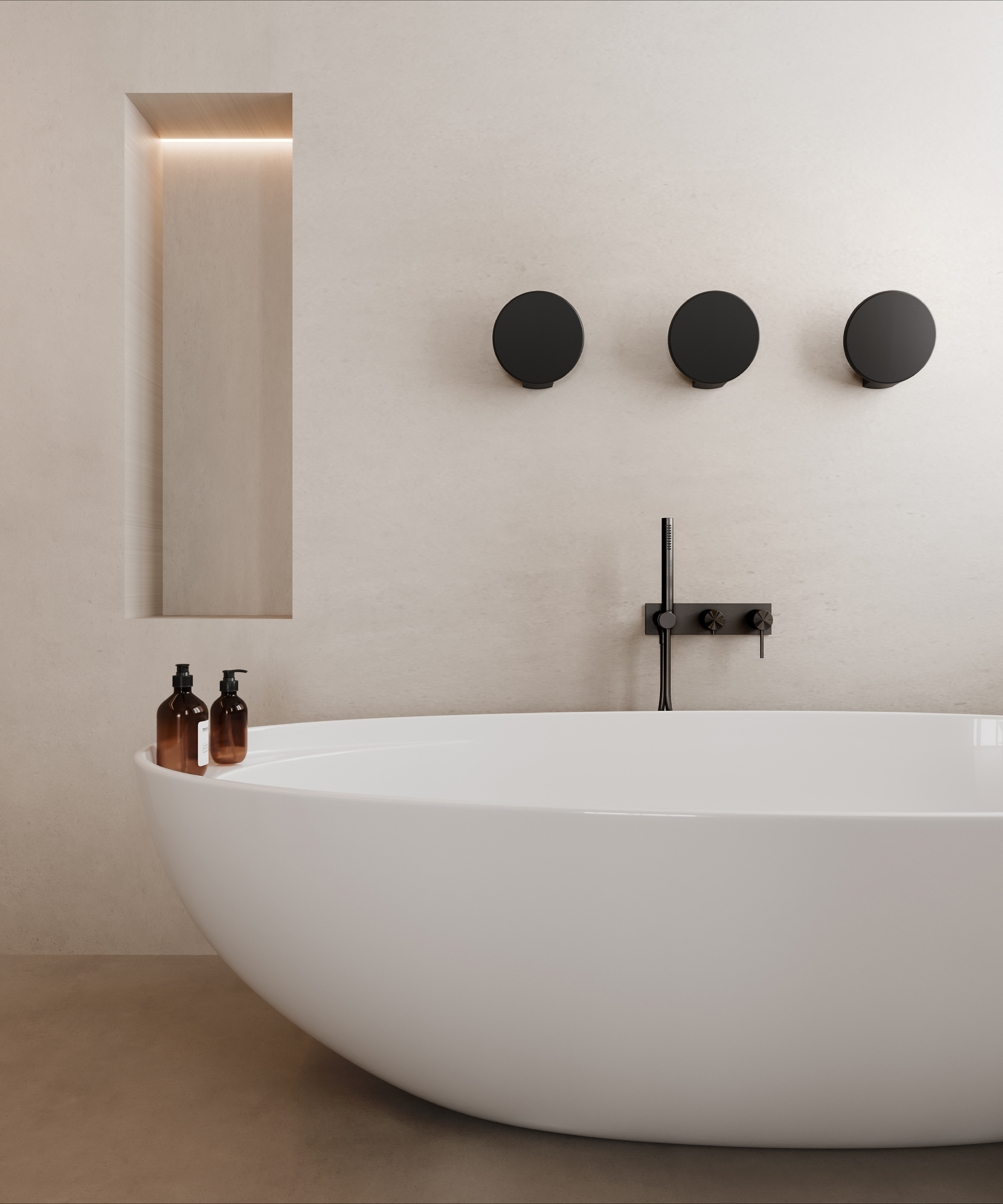 white modern freestanding bath with black radiator dots above
