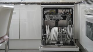 loaded dishwasher in kitchen