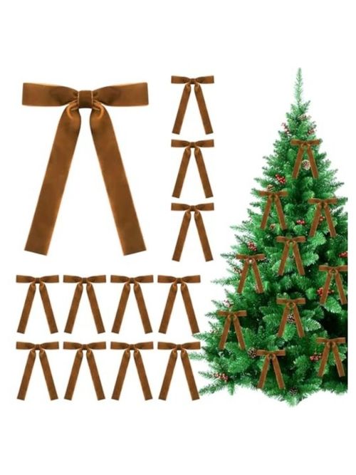 Christmas Velvet Ribbon Bows in Coffee, Set of 12