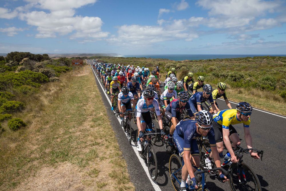 The peloton was packed tight in the cross winds