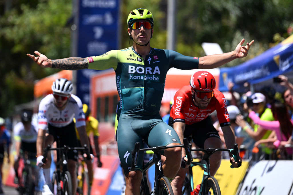 CAMPBELLTOWN AUSTRALIA JANUARY 18 Sam Welsford of Australia and Team BORA Hansgrohe celebrates at finish line as stage winner during the 24th Santos Tour Down Under 2024 Stage 3 a 1453km stage from Tea Tree Gully to Campbelltown UCIWT on January 18 2024 in Campbelltown Australia Photo by Tim de WaeleGetty Images