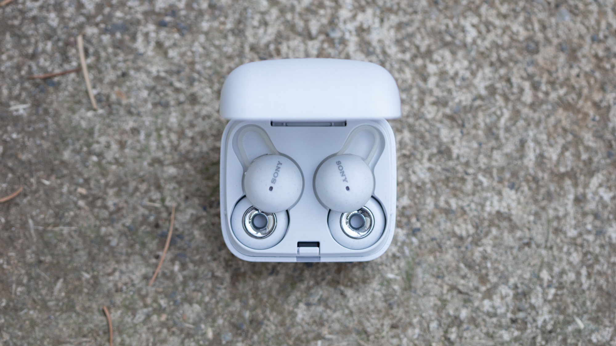 Sony Linkbuds on a stone worktop