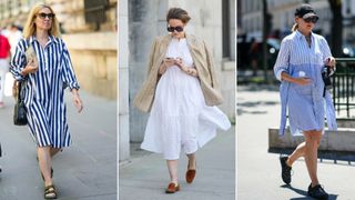 Split image of women wearing stripe and white shirtdresses and flat shoes street style