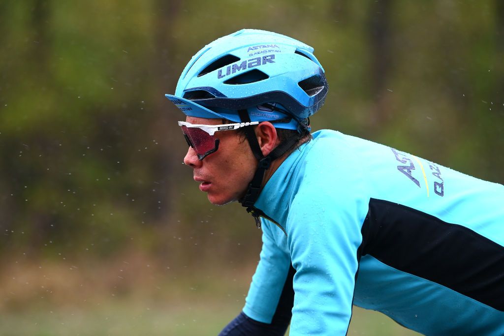 LIENZ AUSTRIA APRIL 22 Miguel ngel Lpez Moreno of Colombia and Team Astana Qazaqstan Red Intermediate Sprint Jersey competes in heavy rain during the 45th Tour of the Alps 2022 Stage 5 a 1145km stage from Lienz to Lienz TouroftheAlps on April 22 2022 in Lienz Austria Photo by Tim de WaeleGetty Images