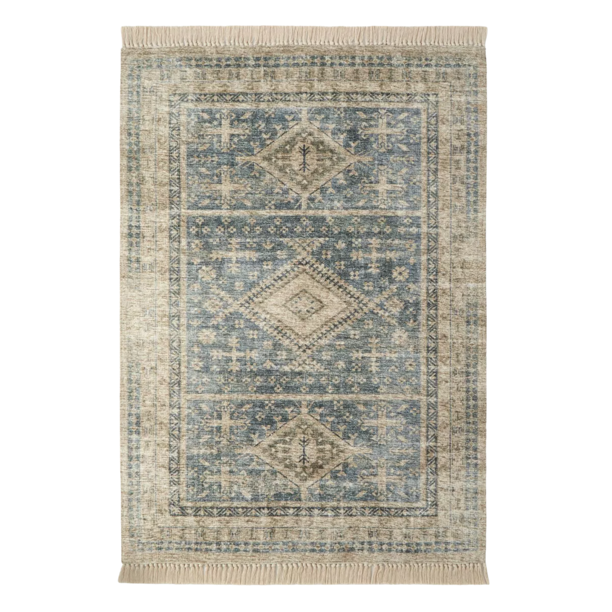 a vintage-inspired rug with triangular patterns and blue and beige detailing