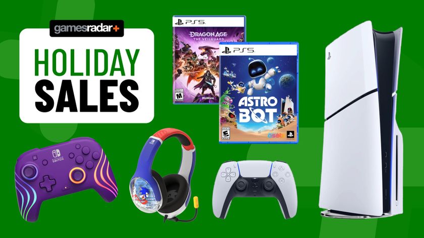 PS5, games, headset, and controller on a green background with holiday sales badge