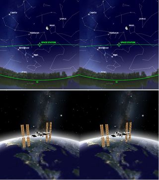 Orbitracks' optional VR Mode is triggered when you orient an iPhone in landscape mode. The screen divides into twin binocular panels that will produce a 3D view when your device is mounted in a VR viewer. VR Mode supports both Sky View (top panel) and Satellite View (bottom panel) in which you can view modeled satellites from any angle.