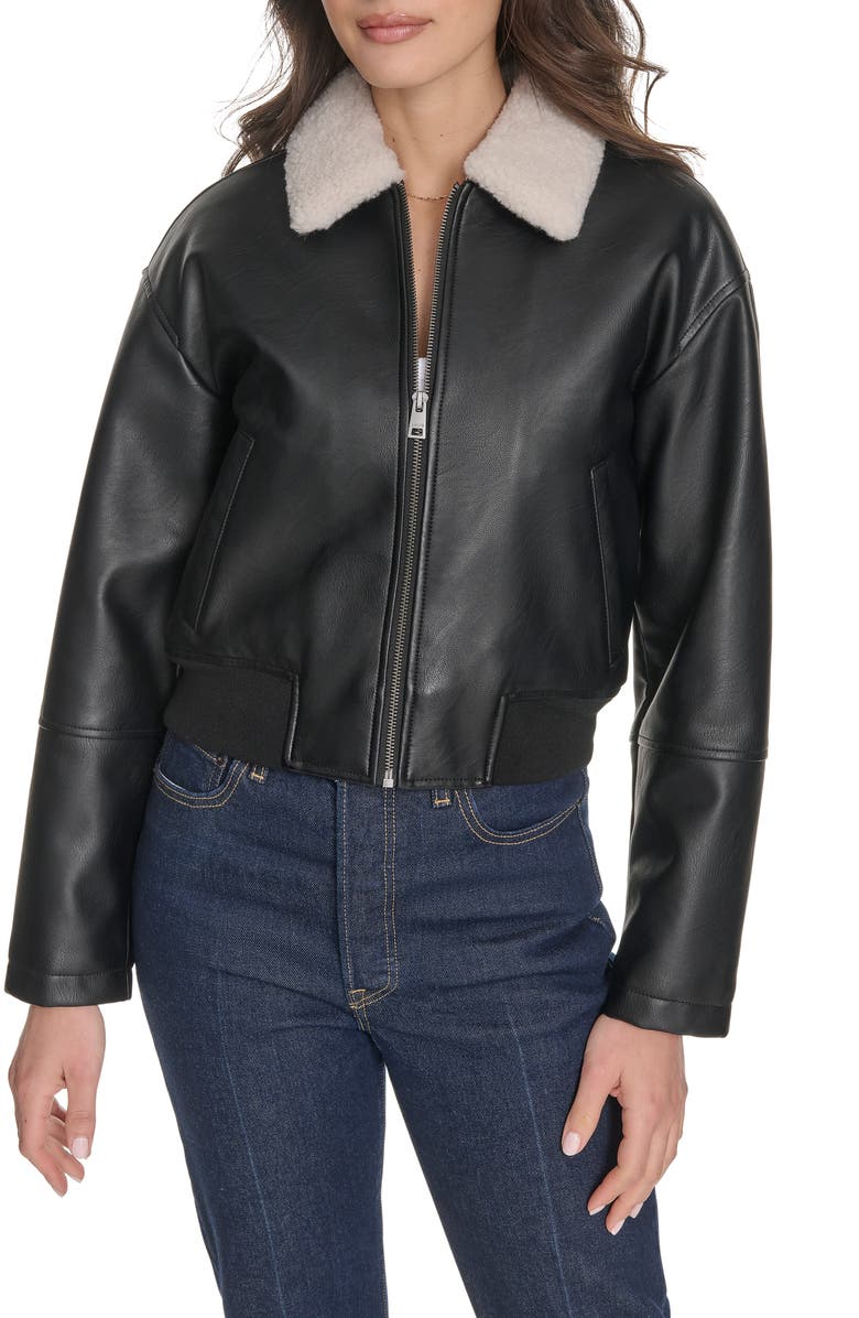 Faux Leather Bomber Jacket With Faux Shearling Collar