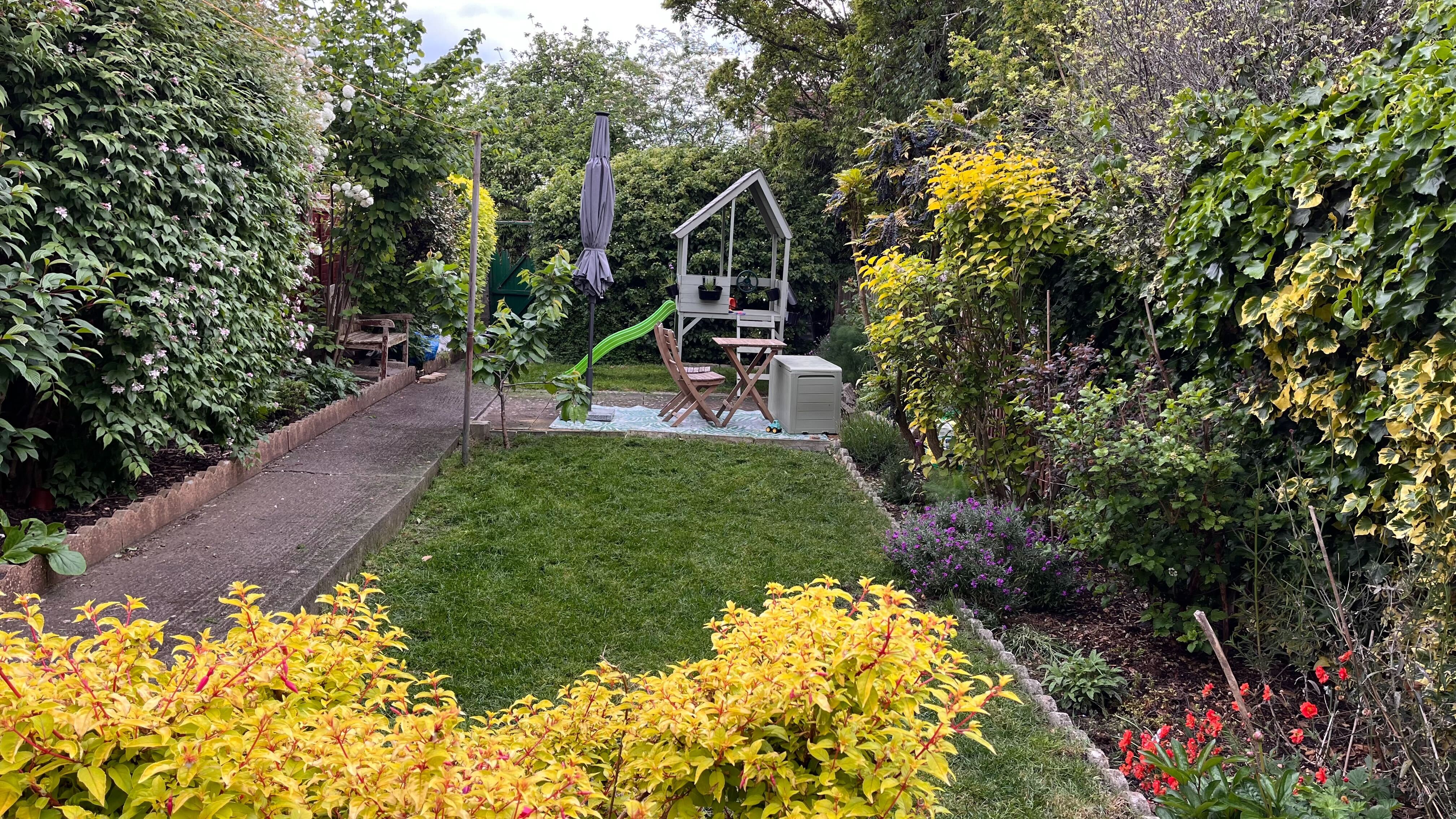 A photo of a long and narrow back garden with a concrete path running down one side