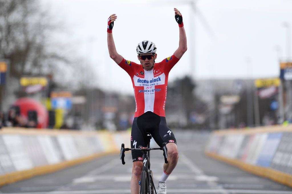 HARELBEKE BELGIUM MARCH 26 Arrival Kasper Asgreen of Denmark and Team Deceuninck QuickStep Celebration during the 64th E3 Saxo Bank Classic 2021 a 2039km race from Harelbeke to Harelbeke E3SaxobankClassic on March 26 2021 in Harelbeke Belgium Photo by Tim de WaeleGetty Images