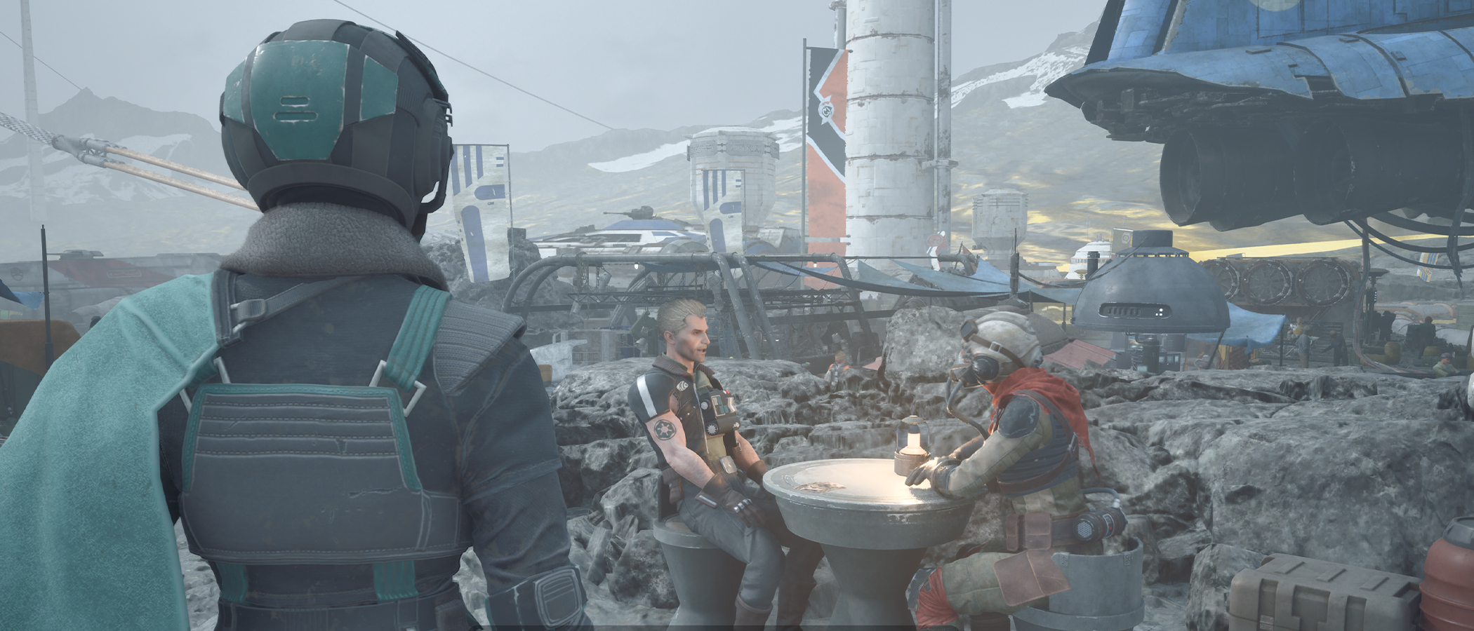 A sci-fi racing pilot walks toward people at a table