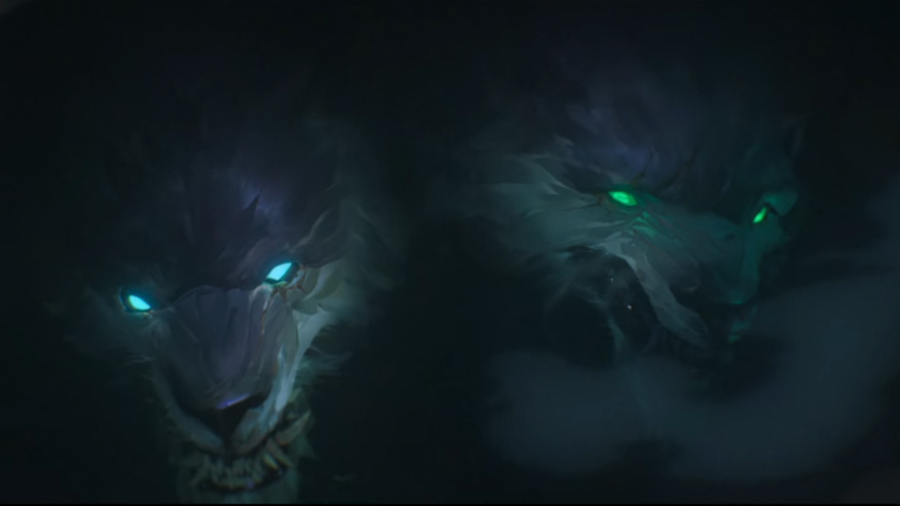 A two-headed murk wolf snarls at the camera in Arcane season 2