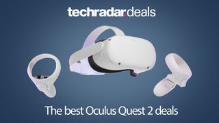 Oculus Quest 2 headset on blue background with the best Oculus Quest 2 deals text