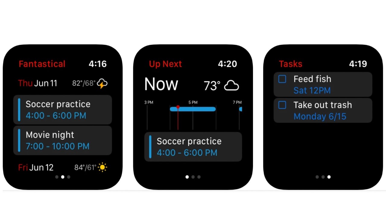 Skjermbilder fra appen Fantastical Calendar på Apple Watch.