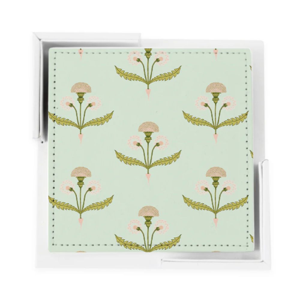 Soft green coasters with dandelion print