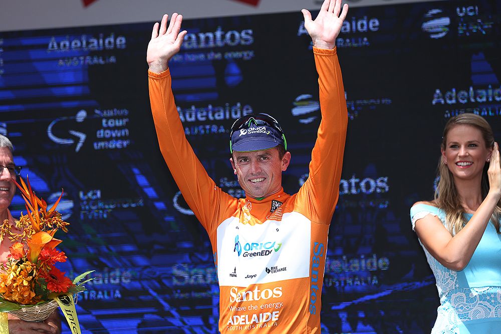 Simon Gerrans in the ochre jersey after stage 3.