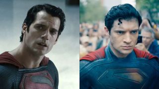 Henry Cavill and David Corenswet both looking sad, as Superman