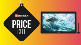 A product shot of the Huion Kamvas 24 Pro 4K drawing tablet on a colourful background with the words price cut