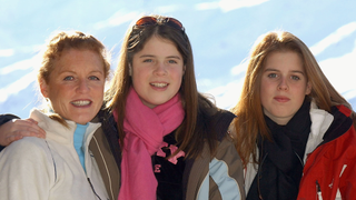 The Duchess of York, Princess Eugenie and Princess Beatrice attend a photocall on February 18, 2003 in Verbier, Switzerland in 2003