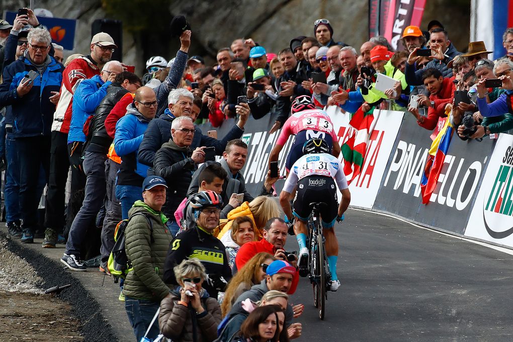 Richard Carapaz and Miguel Angel Lopez ride to the finish of stage 17 at the Giro