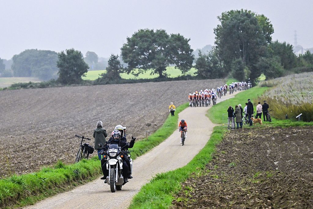 a motorcyclist pictured at the women elite race at the UCI World Gravel Championships, Saturday 11 October 2025, in Maastricht, The Netherlands. BELGA PHOTO DIRK WAEM (Photo by DIRK WAEM / BELGA MAG / Belga via AFP) (Photo by DIRK WAEM/BELGA MAG/AFP via Getty Images)