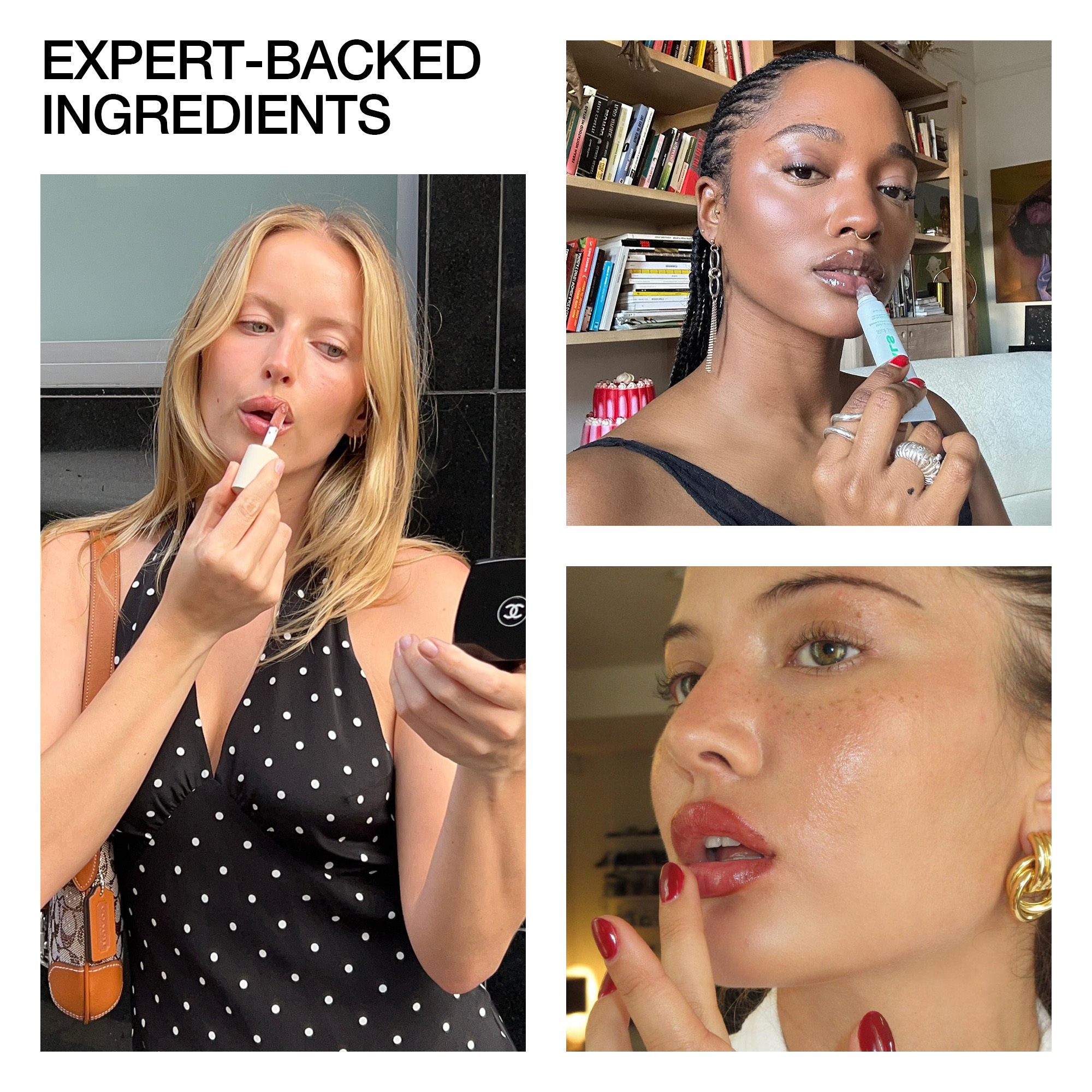 Collage of content creators applying lip balm.