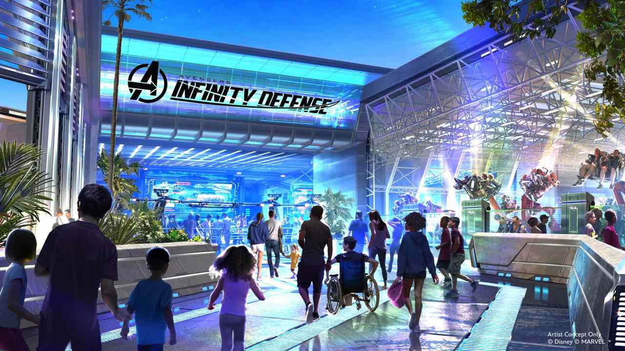 Arte conceptual para la atracción Avengers Infinity Defense en Disneyland