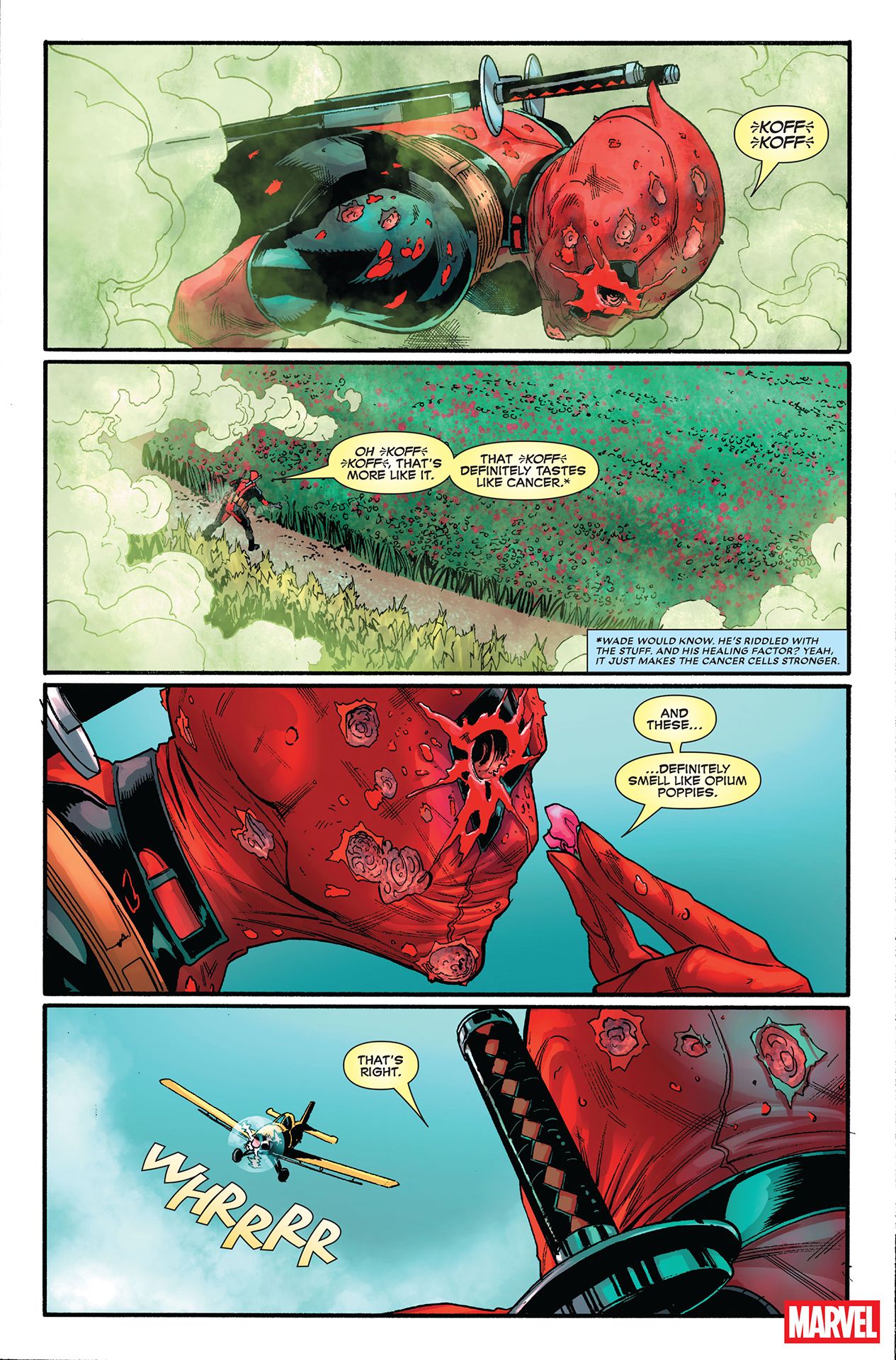 Deadpool reeling from being poisoned as a plane circles around to attack him