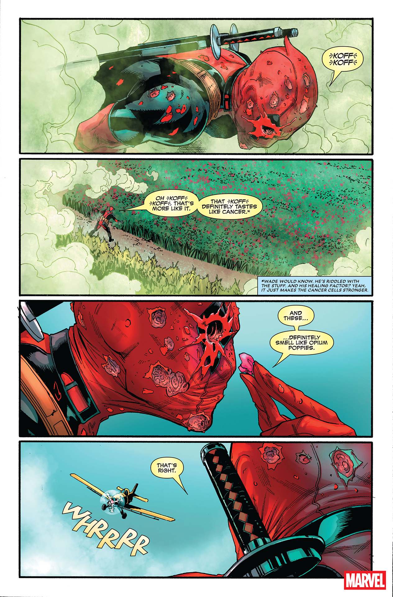 Deadpool reeling from being poisoned as a plane circles around to attack him