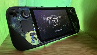 Steam Deck console with NvIdia GeForce Now interface on screeen