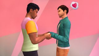 The Sims 4 - Two Sims hold hands and look into each other's eyes lovingly.