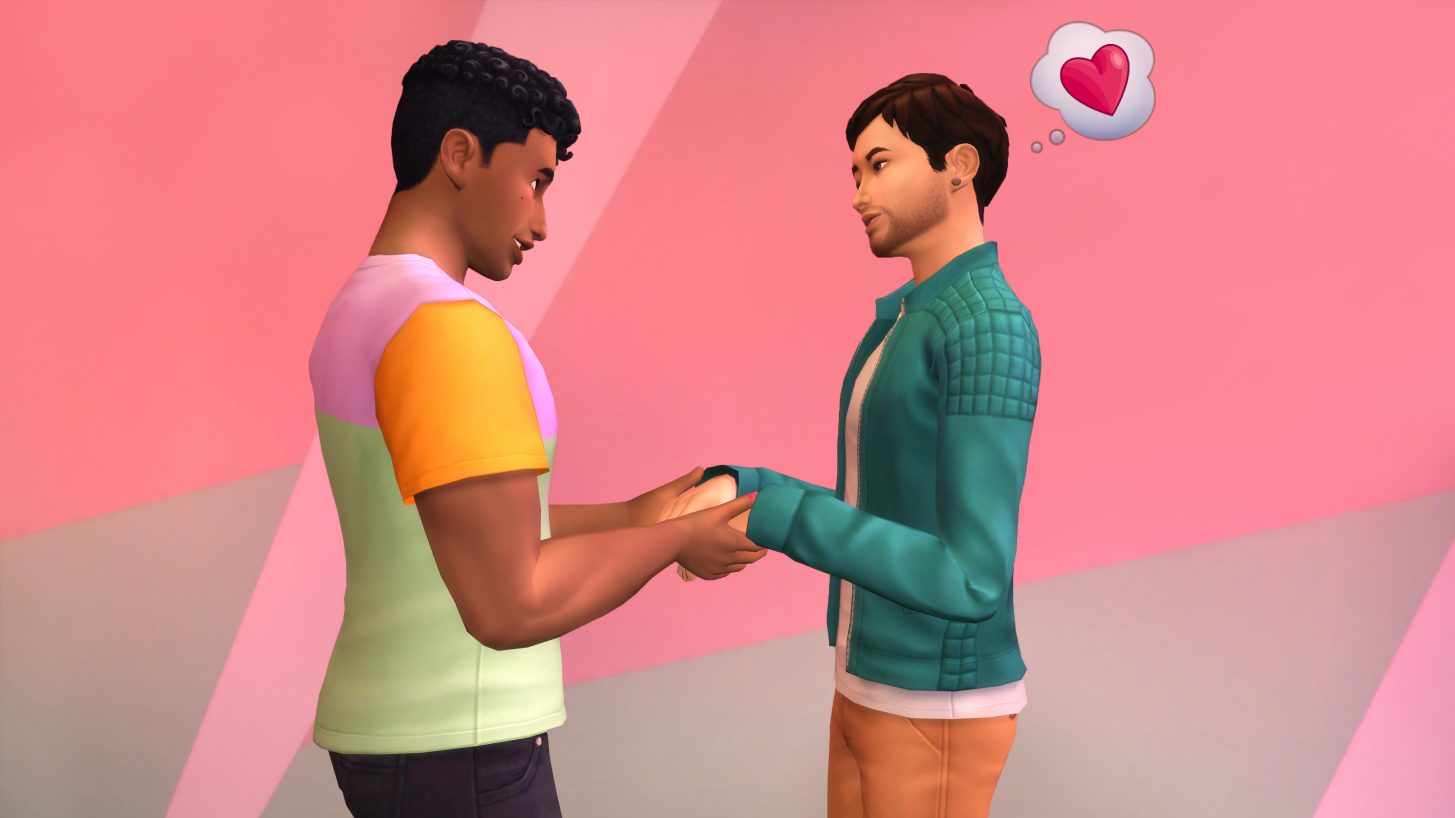 The Sims 4 - Two Sims hold hands and look into each other's eyes lovingly.