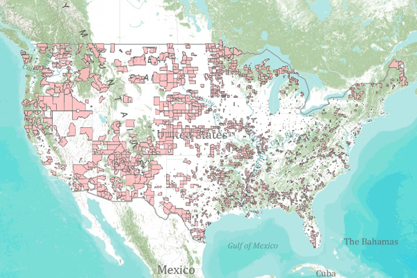 Food deserts are shown in pink. Credit: U.S. Department of Agriculture