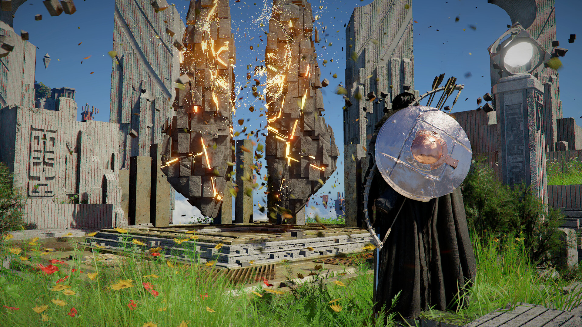 In one of the best third-person RPGs, Crimson Desert, protagonist Kliff carries a shield on his back and walks towards a mysterious glowing monument