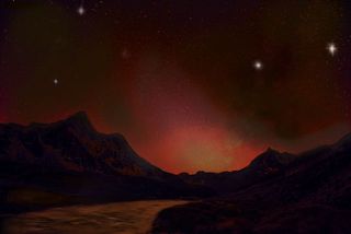 An artist's depiction of zodiacal light at the surface of the planet Kepler-1229 b.