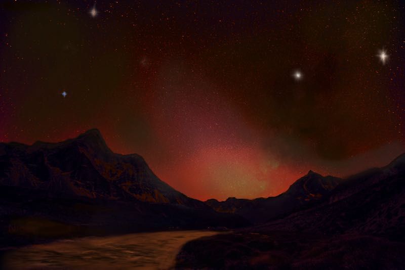 An artist&#039;s depiction of zodiacal light at the surface of the planet Kepler-1229 b.