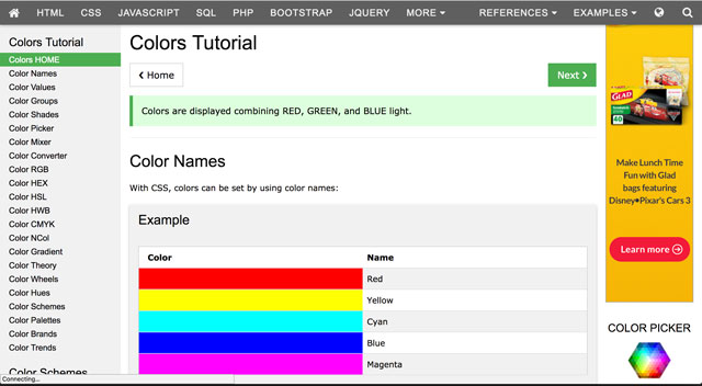Colors Tutorial naming examples screen