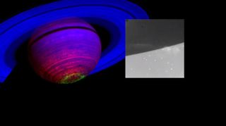 A large, false-color image of Saturn's auroras taken by the Cassini probe in 2008 was compared with a visible-light image taken in 2017.