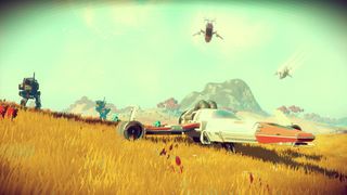 A spaceship docked on a planet with yellow grasslands. Mountains and robotic walkers can be seen in the background