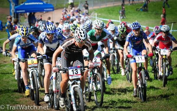 Elite women's start is led out by Marie-Helene Premont (Team Maxxis-Rocky Mountain)