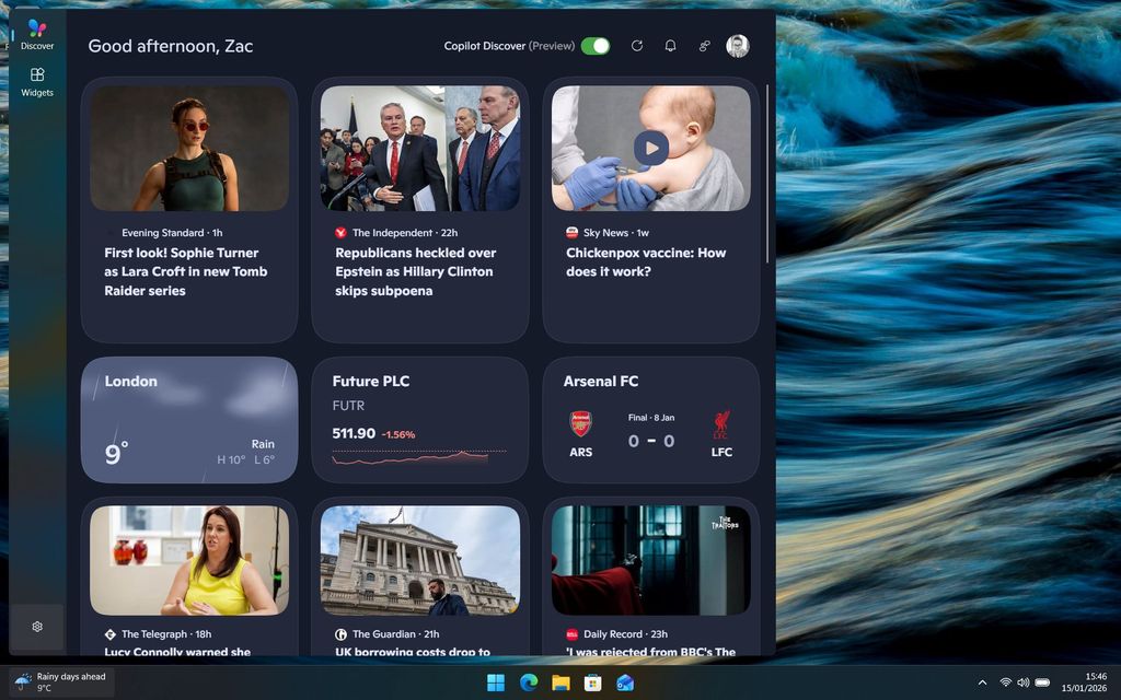 New Widgets Board on Windows 11 with Copilot Discover