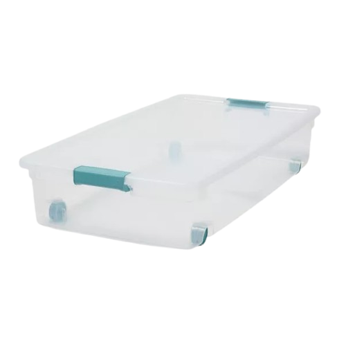 Clear storage bin with wheels for under the bed