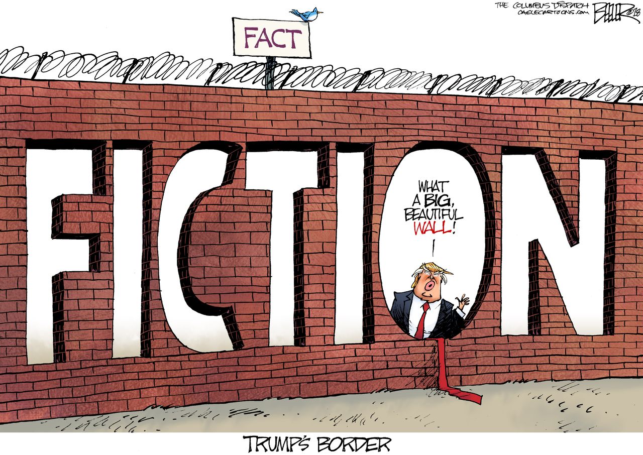 Political cartoon U.S. Trump Mexico border wall fiction