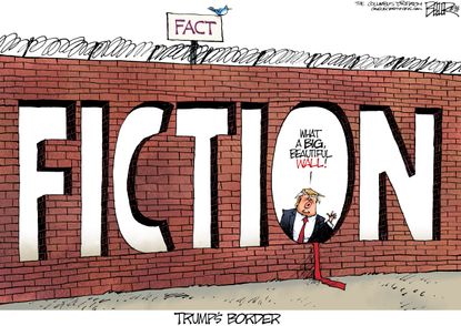 Political cartoon U.S. Trump Mexico border wall fiction
